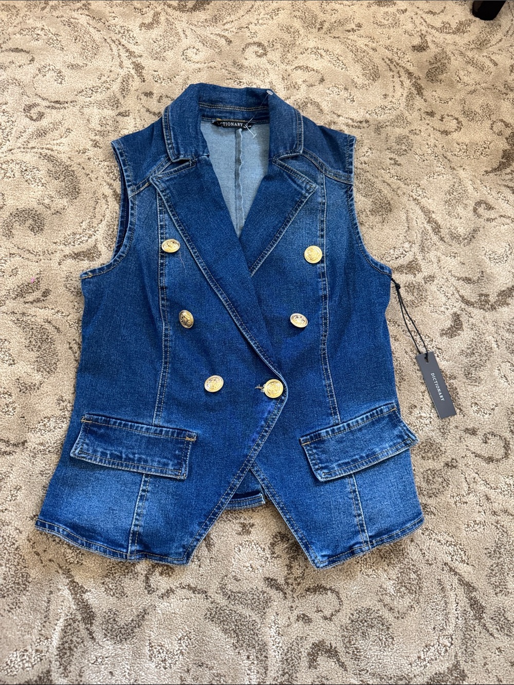 Double-Breasted Denim Vest with Gold Buttons
